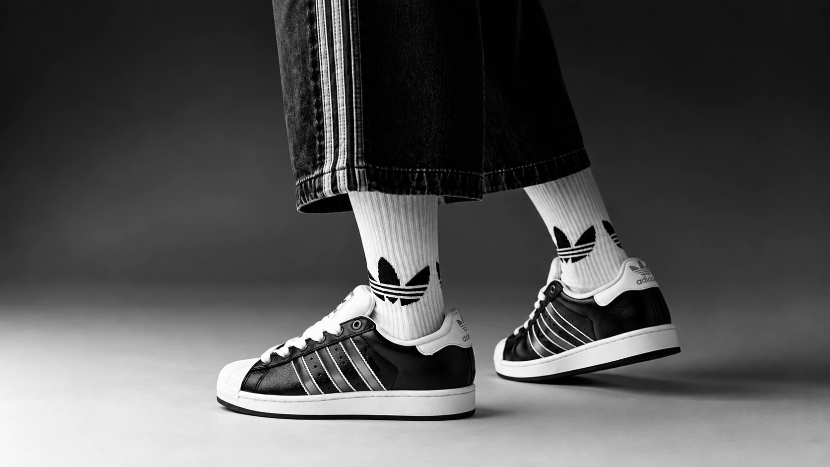 Adidas noires et blanches portées avec des chaussettes Adidas