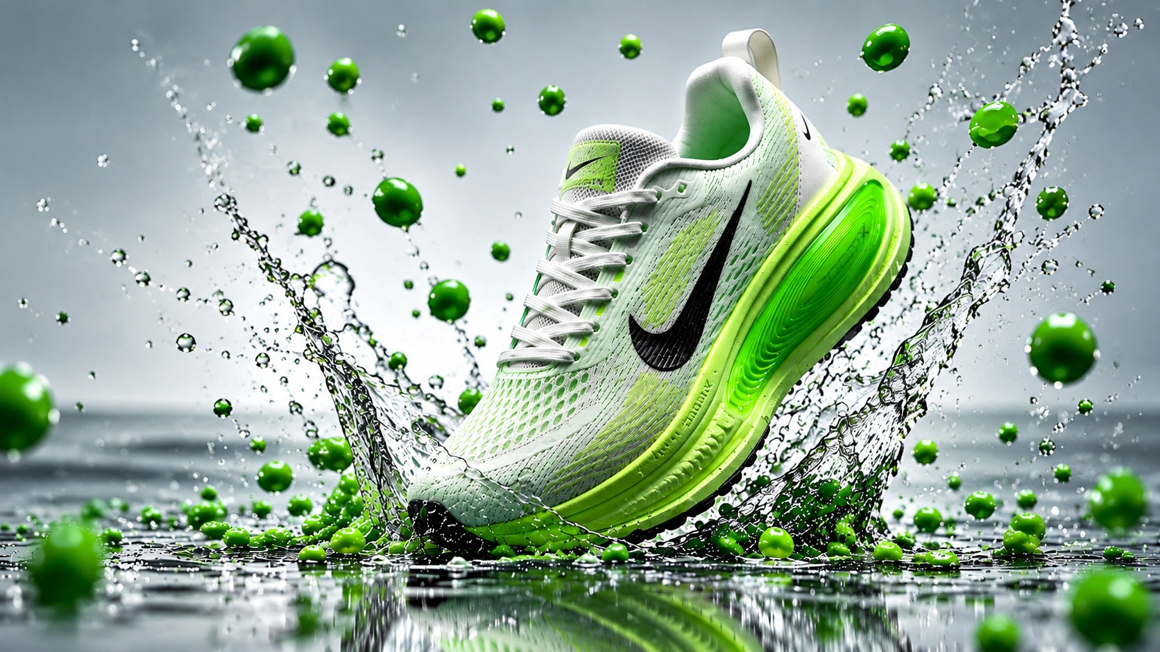 Sneaker Nike blanche et vert vif au milieu d’éclaboussures